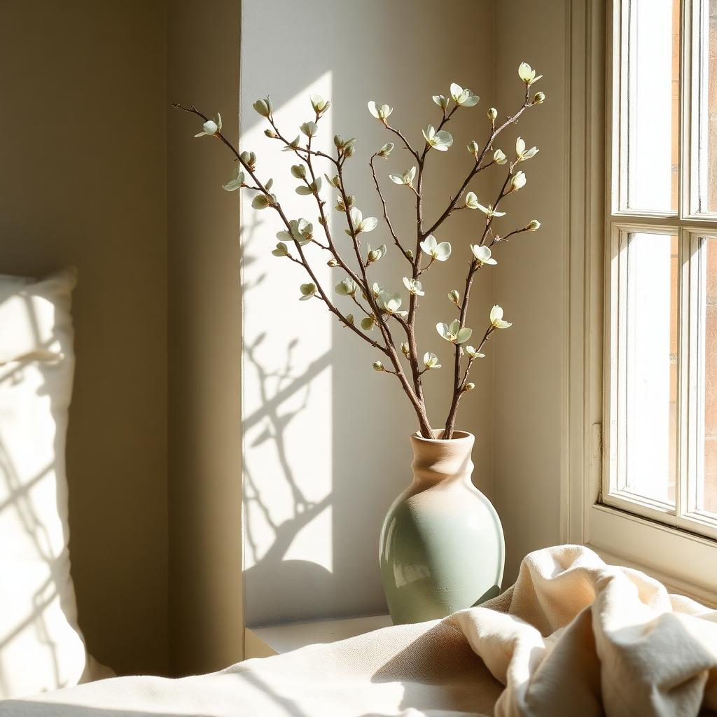 Sage ceramic vase with native foliage in soft Australian morning light